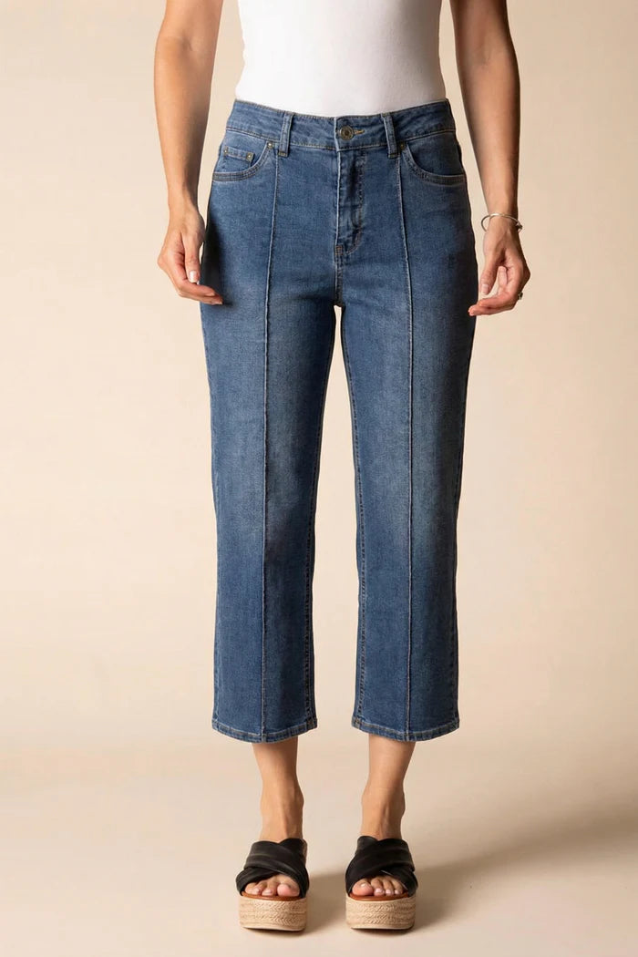 DENIM SEAMED CROPPED FLARE JEANS