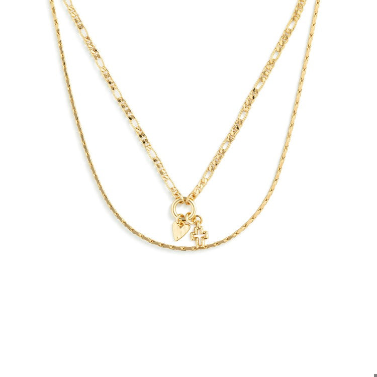 Giving Heart + Cross Layered Necklace  - Gold