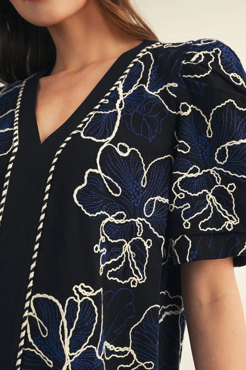 BLACK FLORAL EMBROIDERED MIDI DRESS