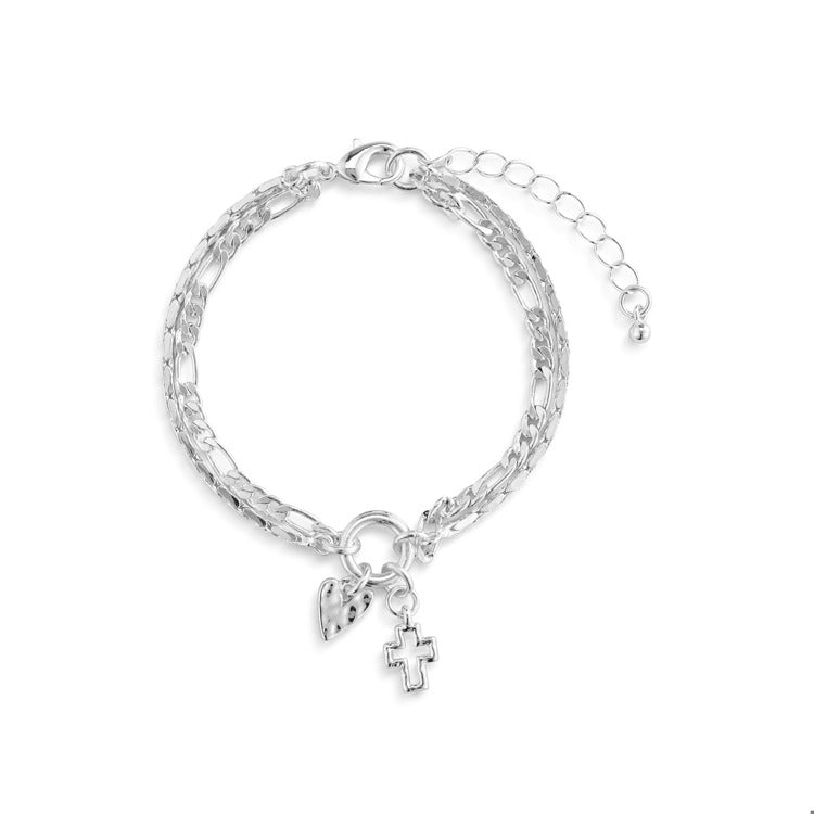 Heart + Cross Layered Bracelet - Silver