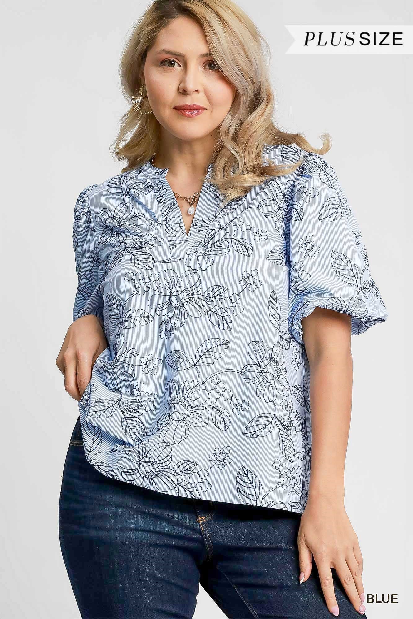 Embroidered Floral Print Blouse: PLUS SIZE