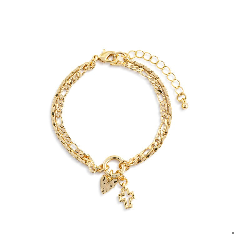 Heart + Cross Layered Bracelet - Gold