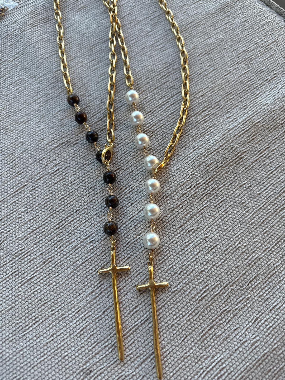 LONG CROSS BEADED NECKLACE