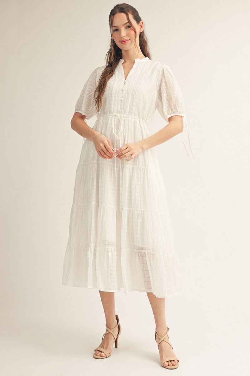 WHITE TIERED DRAWSTRING DRESS