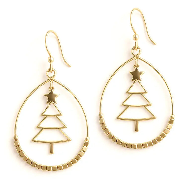 GOLD CHRISTMAS TREE CUTOUT WITH BEADED ACCENT EARRING