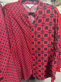 TRU LUXE ABSTRACT CHECK BUTTON UP TUNIC RED - SIZE:SMALL