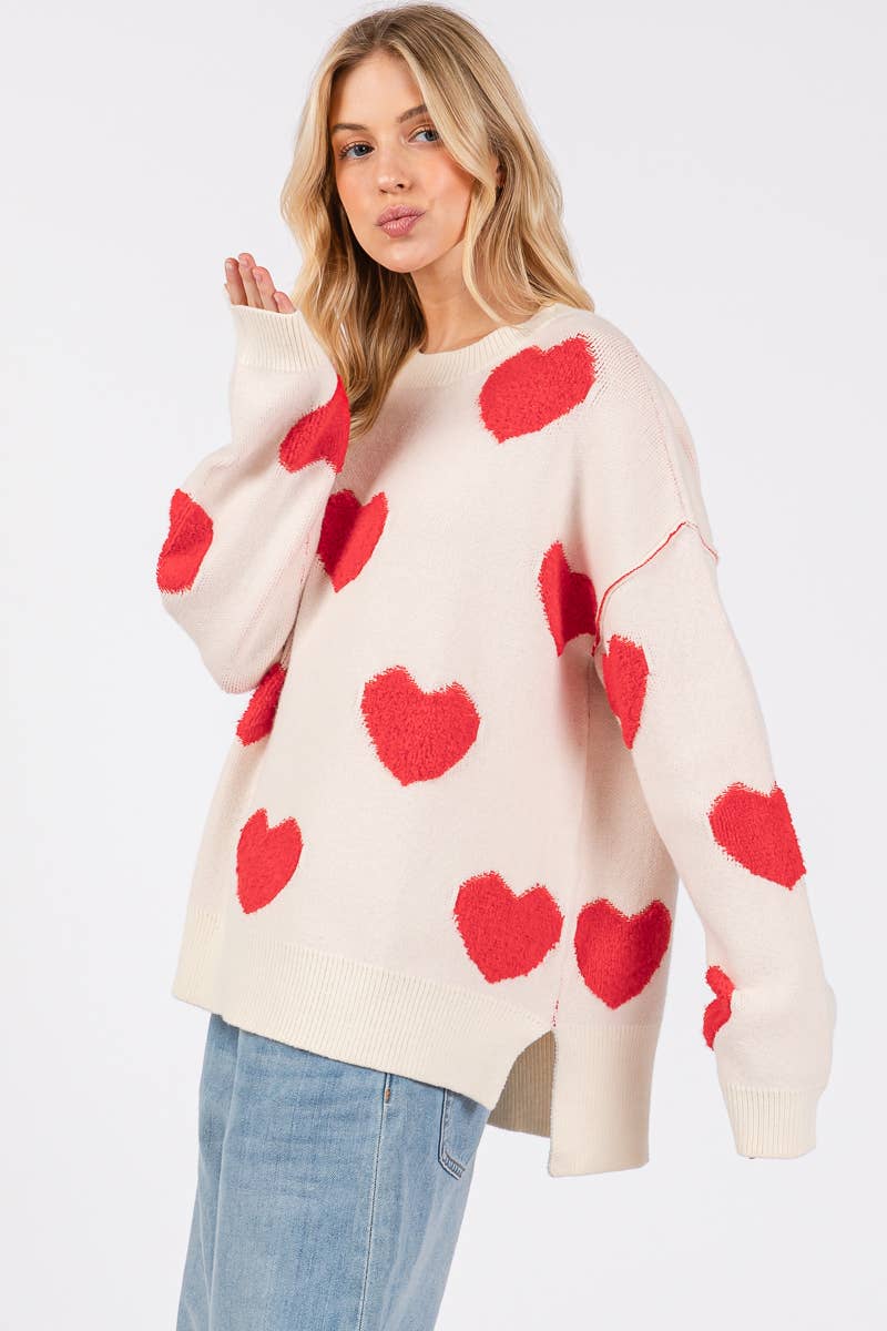 Oversized Valentine Side Slit Heart Sweater