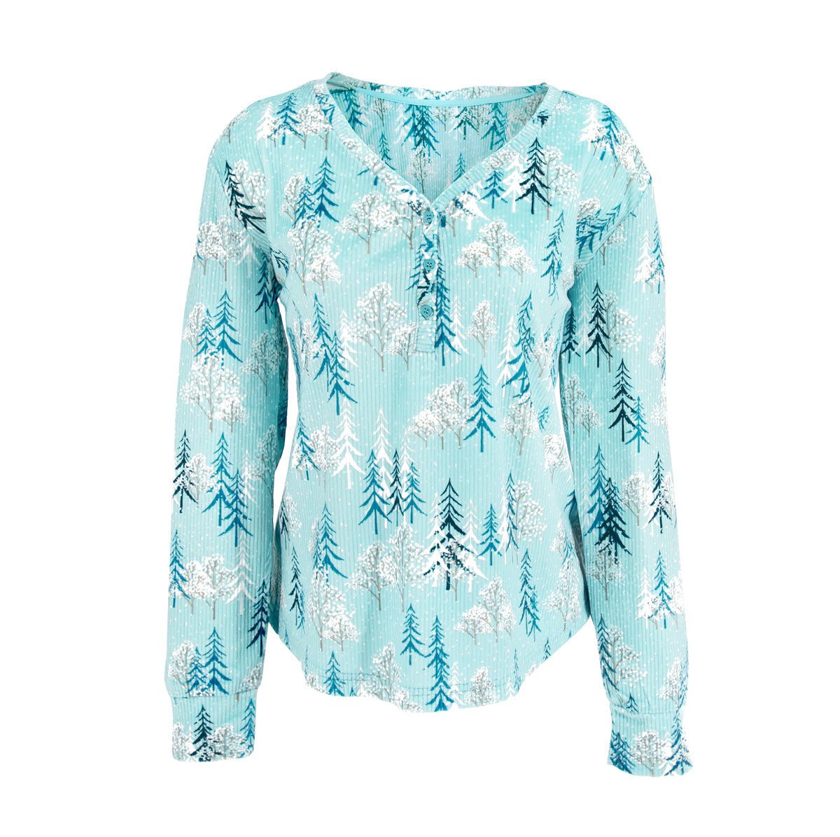 FROSTED TREES PRINTED LUXE LOUNGE LONG SLEEVE TOP