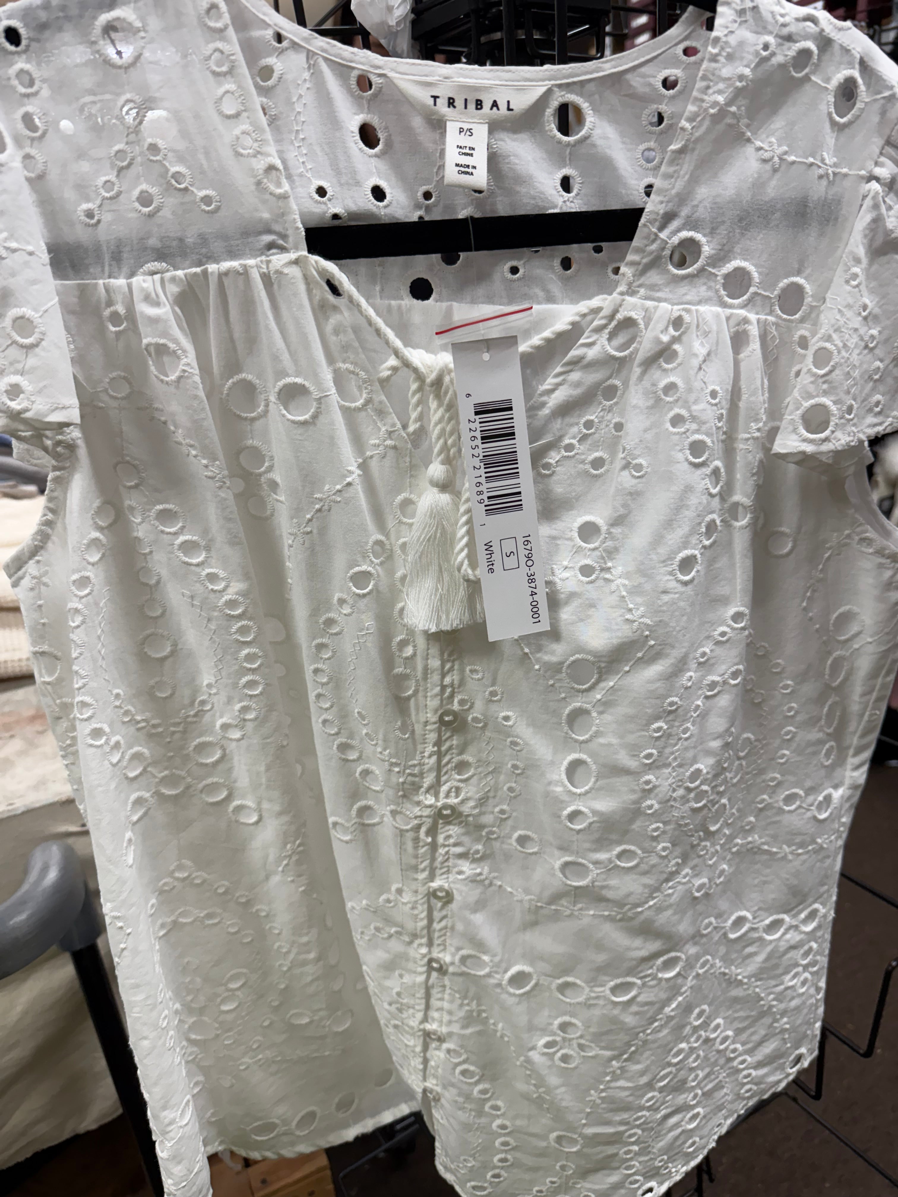 TRIBAL CAP SLEEVE BUTTON DOWN BLOUSE WHITE