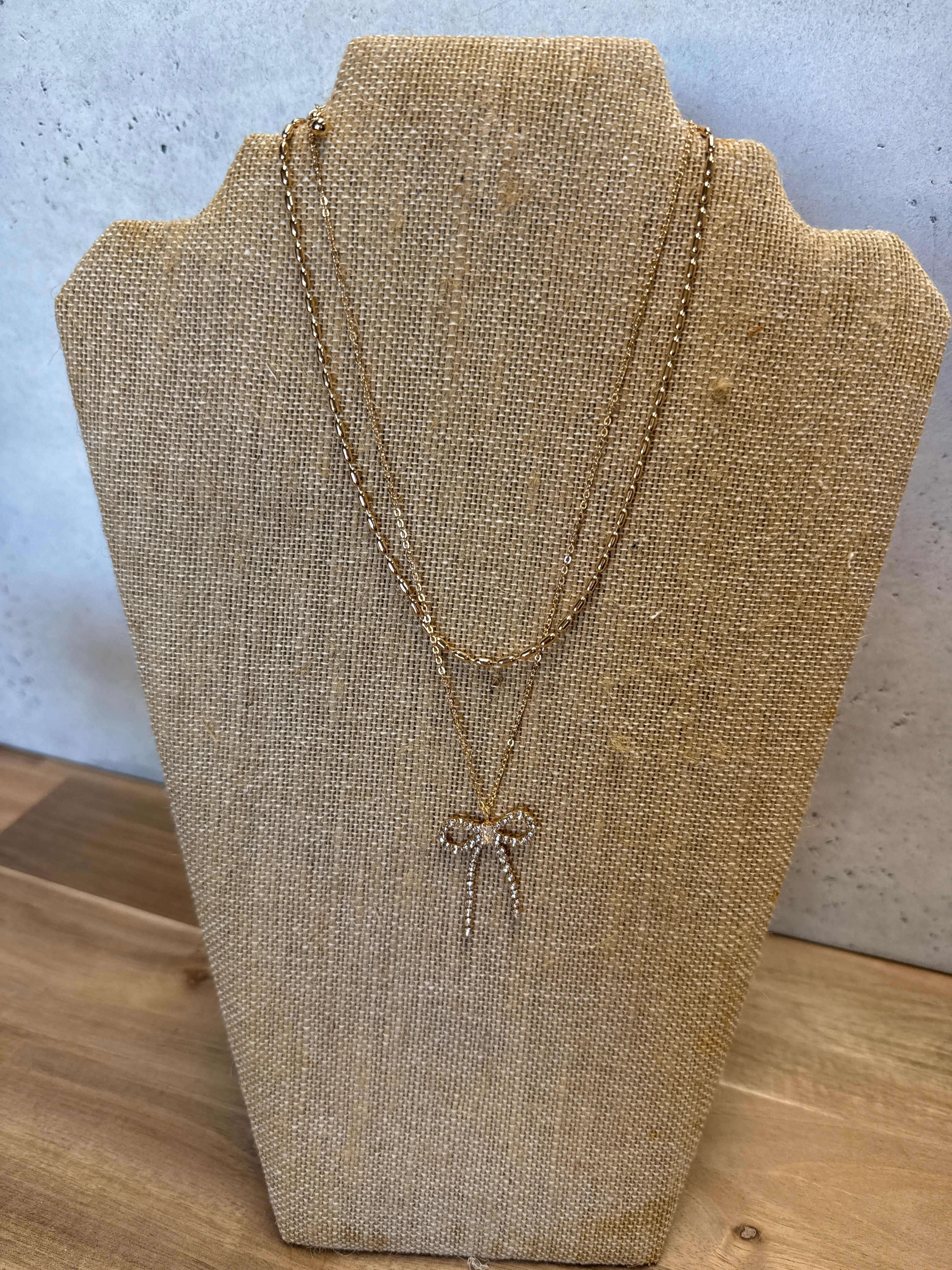 MB-Crystal Bow Gold Necklace