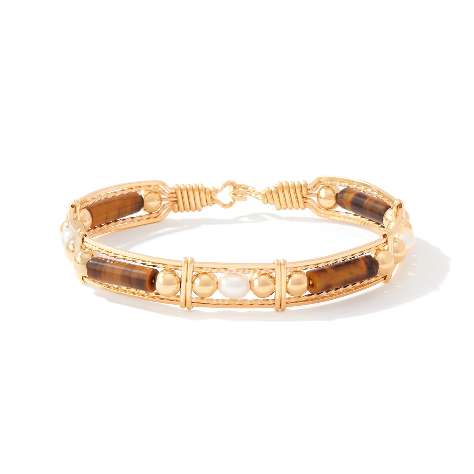 Color Your World Bracelet with Beads and Pearls - 14K Gold Artist Wire / Tiger's Eye / 7.25" - M/L