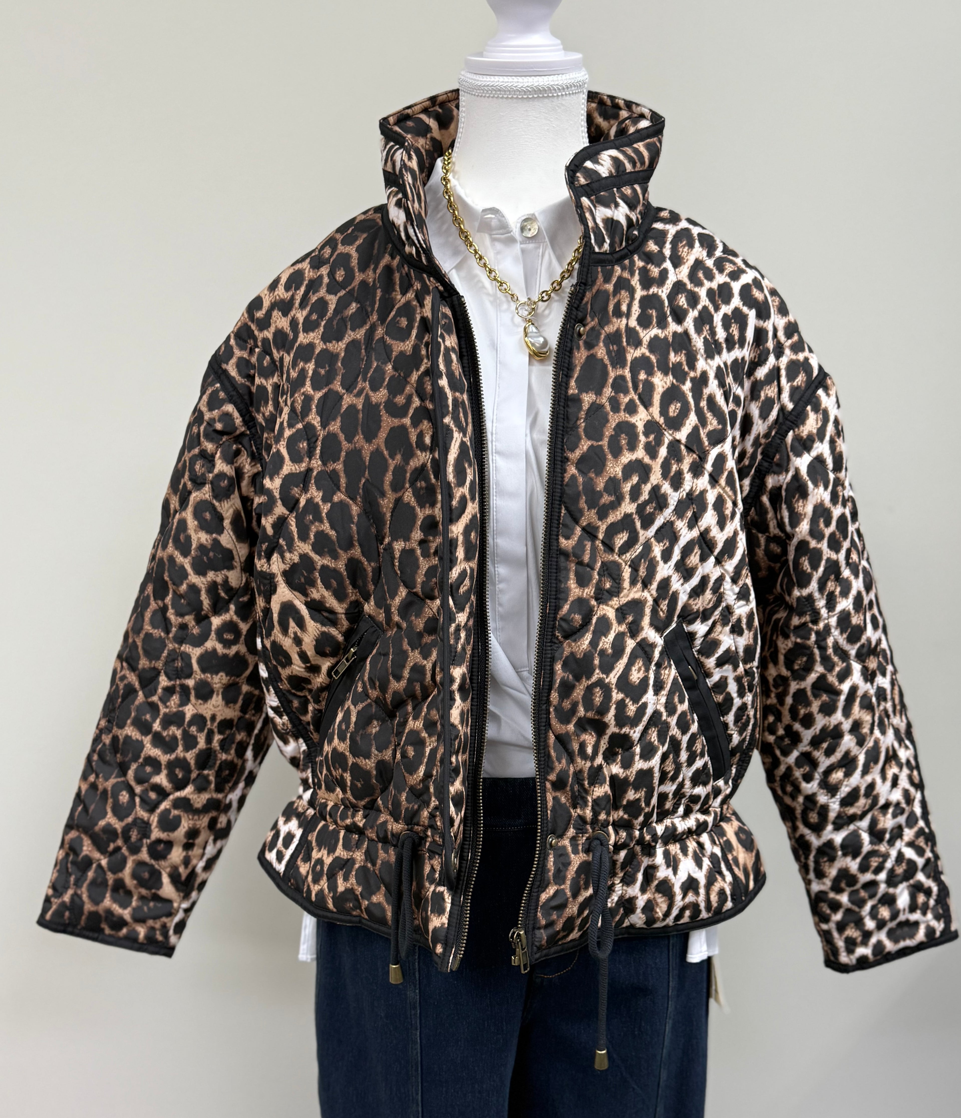 Animal Print Zip Front Quilted Jacket