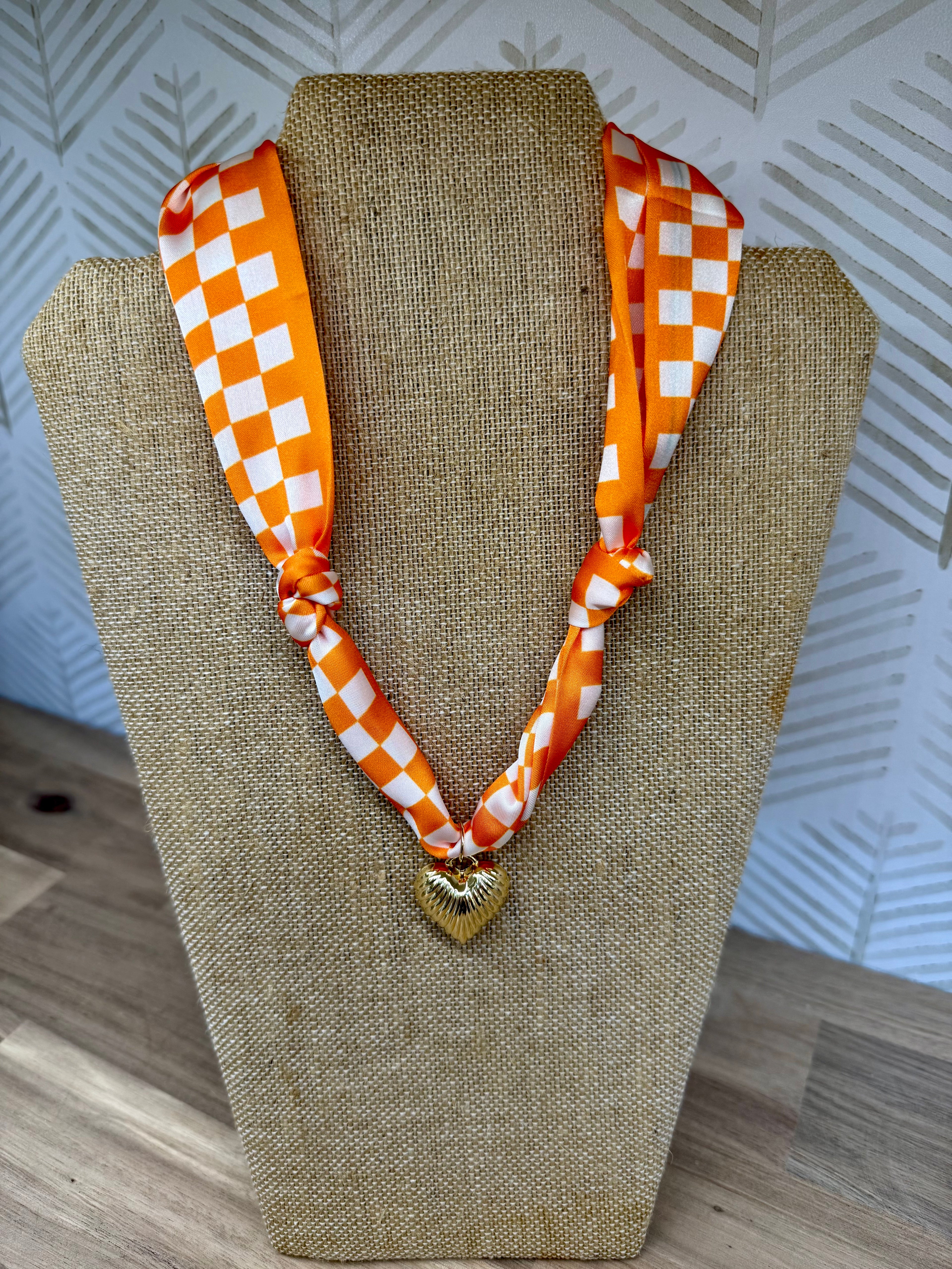 GAMEDAY SCARF NECKLACE BOW - ORANGE + WHITE