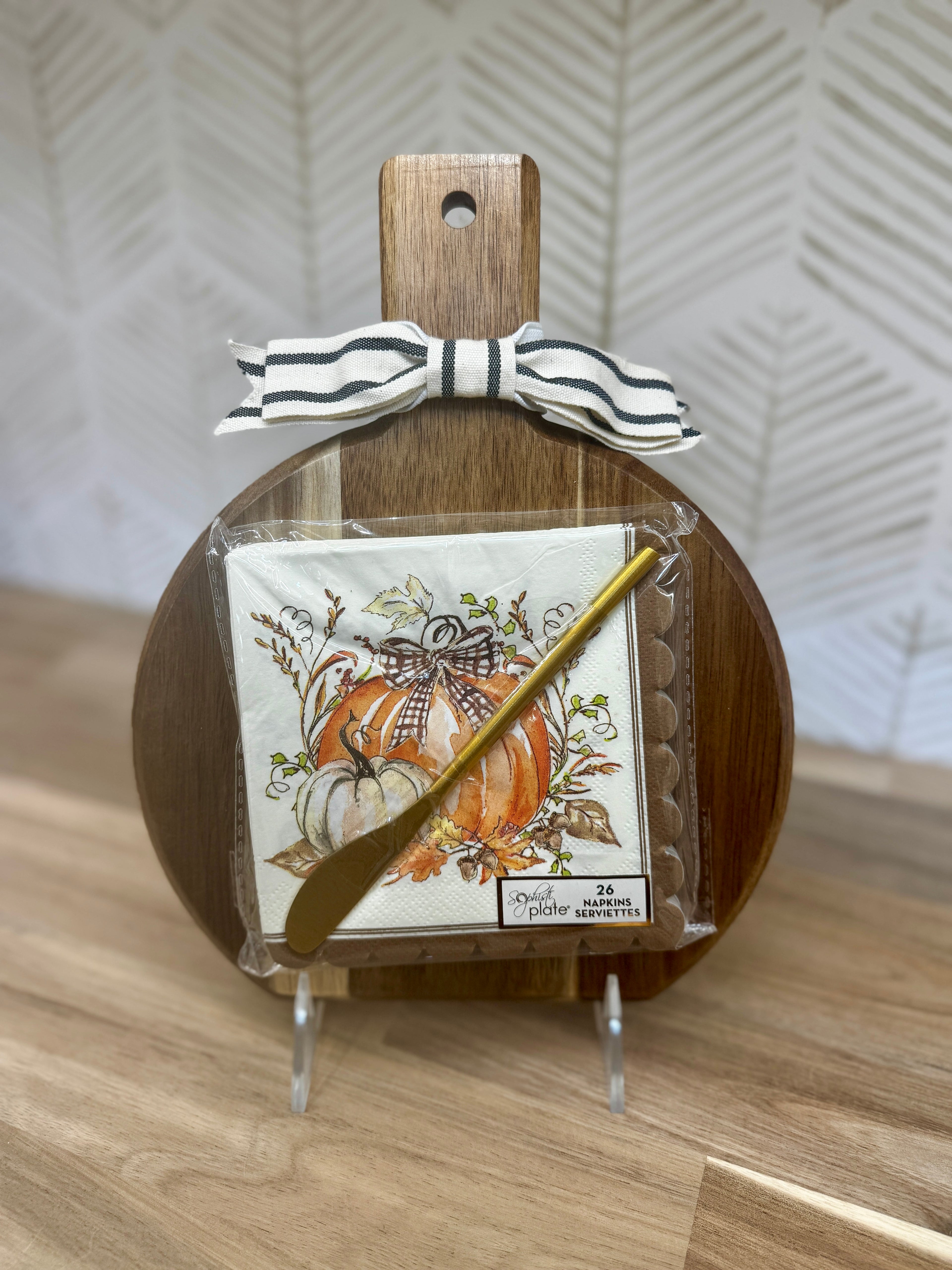 ACACIA BEVEL BOARD W/ SPREADER AND NAPKIN (TURKEY/GOURDS)