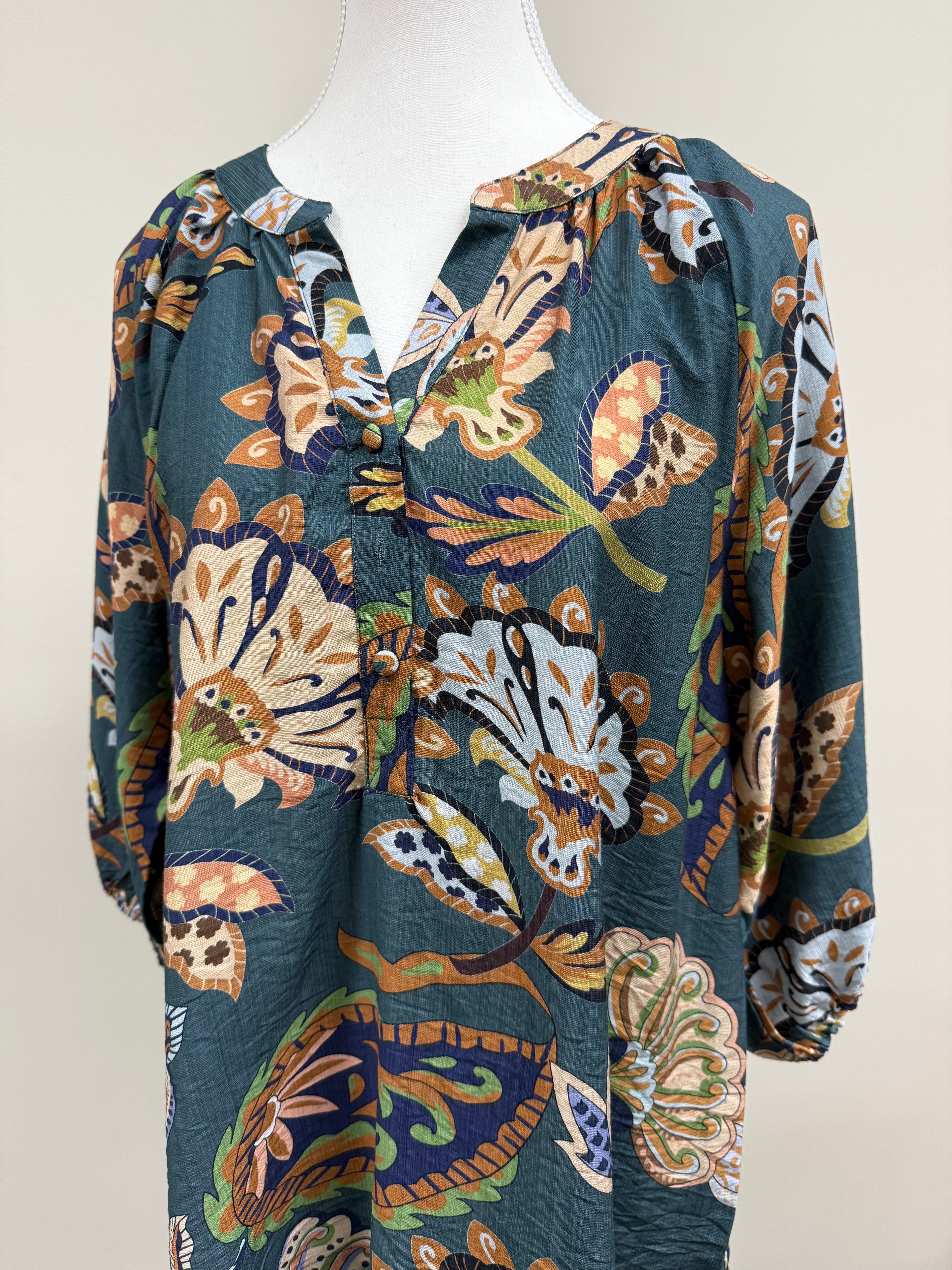 TEAL ABSTRACT PRINT SPLIT NECK TOP - SIZE:XLARGE