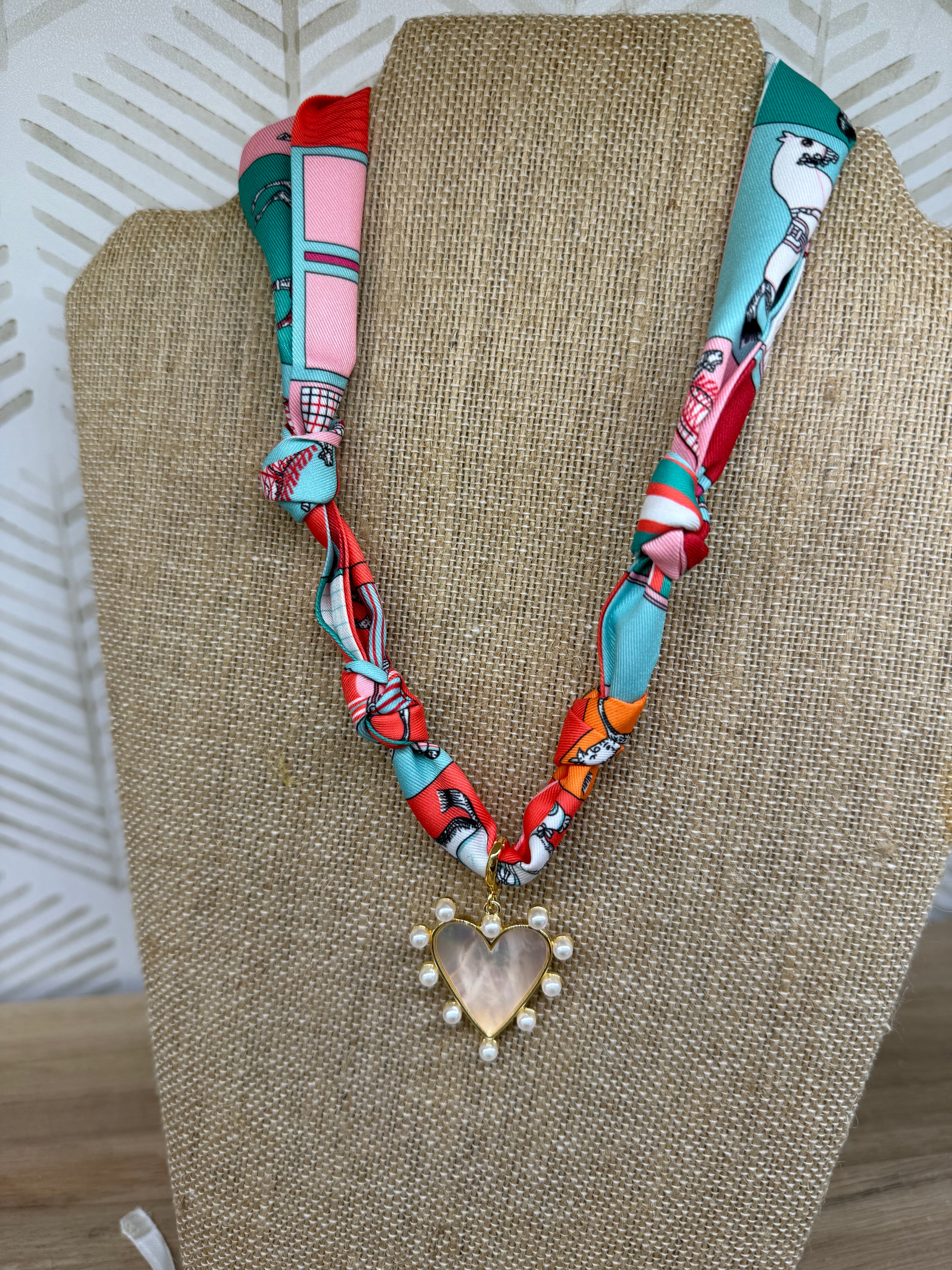 Scarlett Scarf Necklace ~ Multi Color Horse Pattern with White Heart