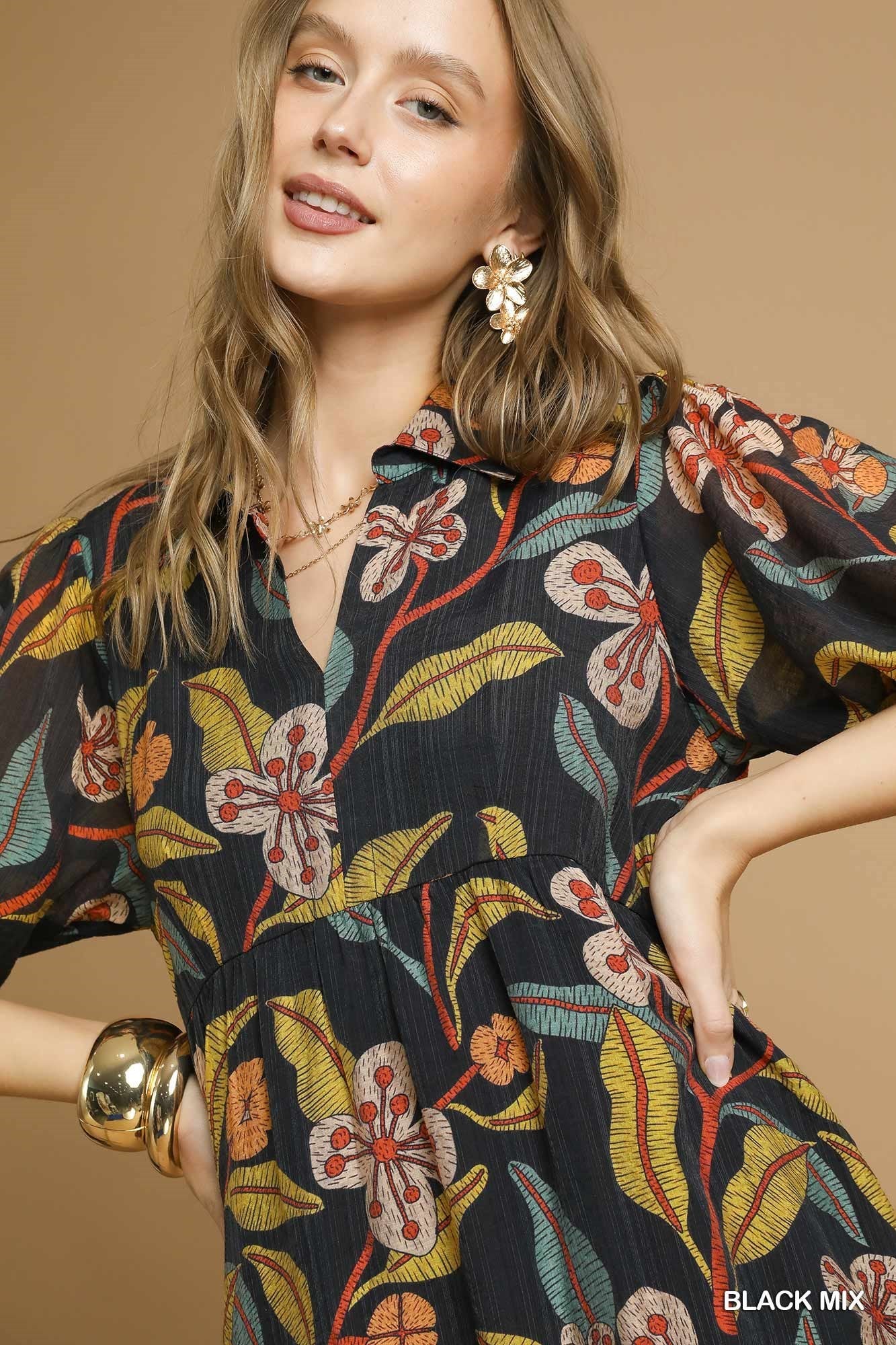 Mixed Floral Blk Dress