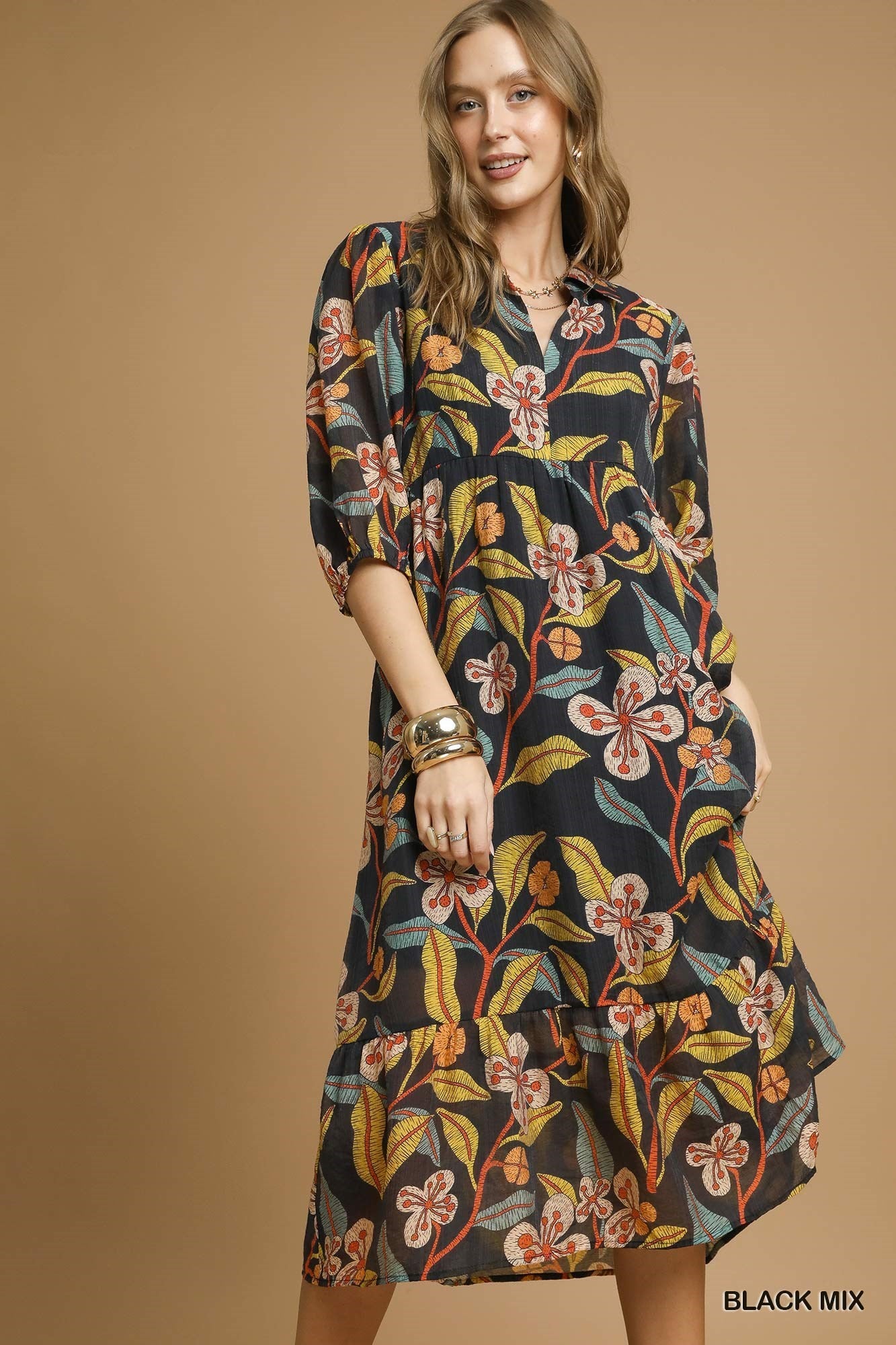 Mixed Floral Blk Dress