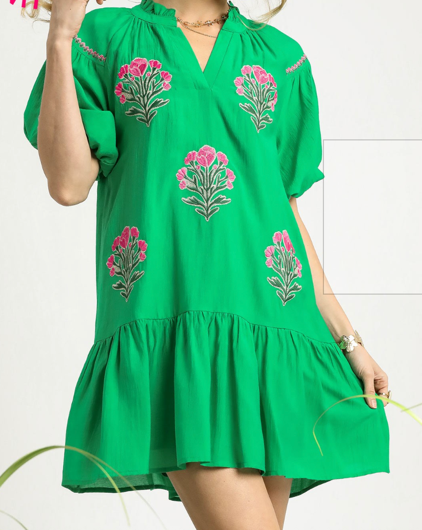 GREEN BUBBLE SLEEVE DRESS:SMALL