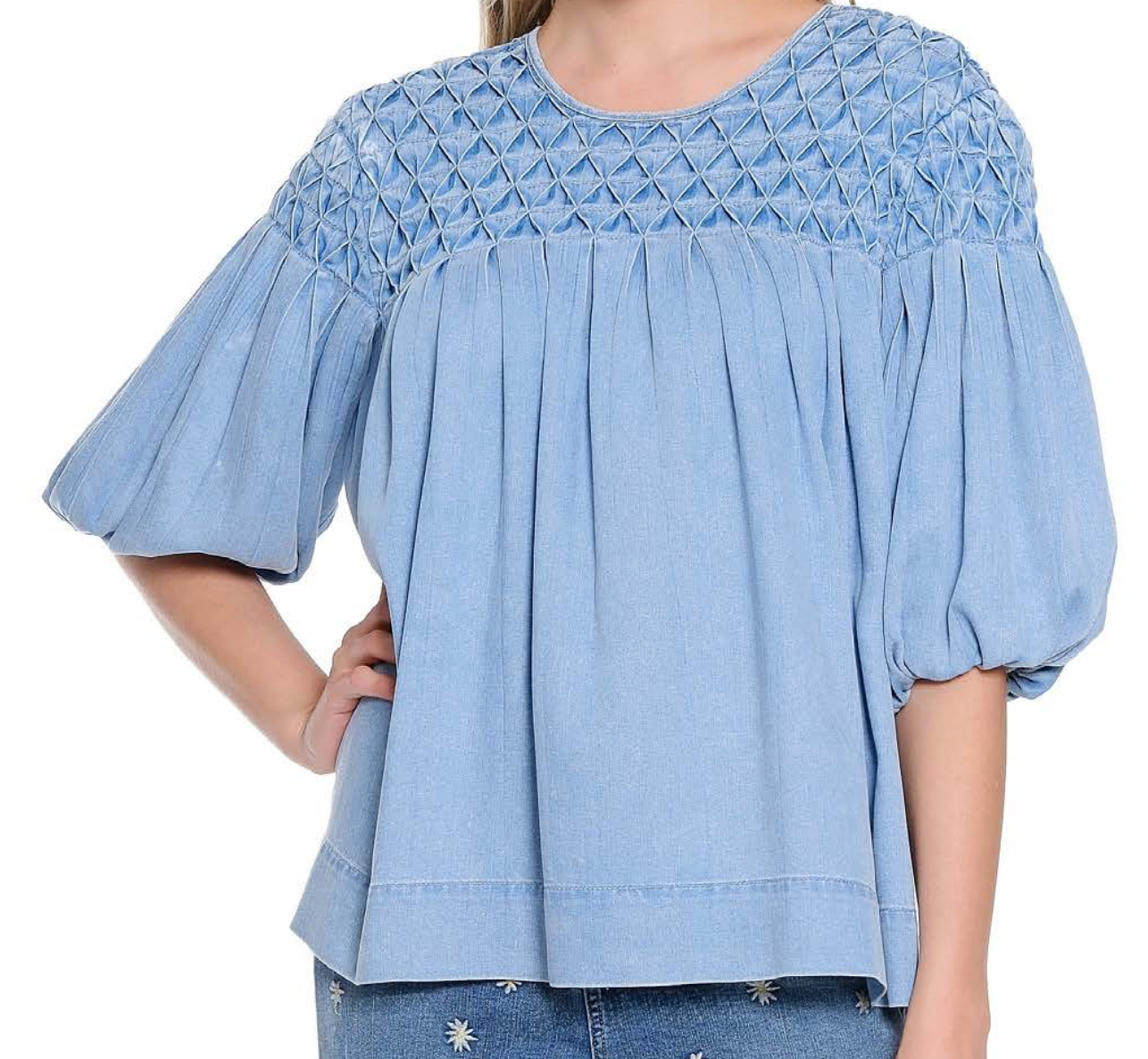 SMOCKED DENIM TOP