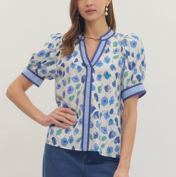 BLUE FLORAL V NECK