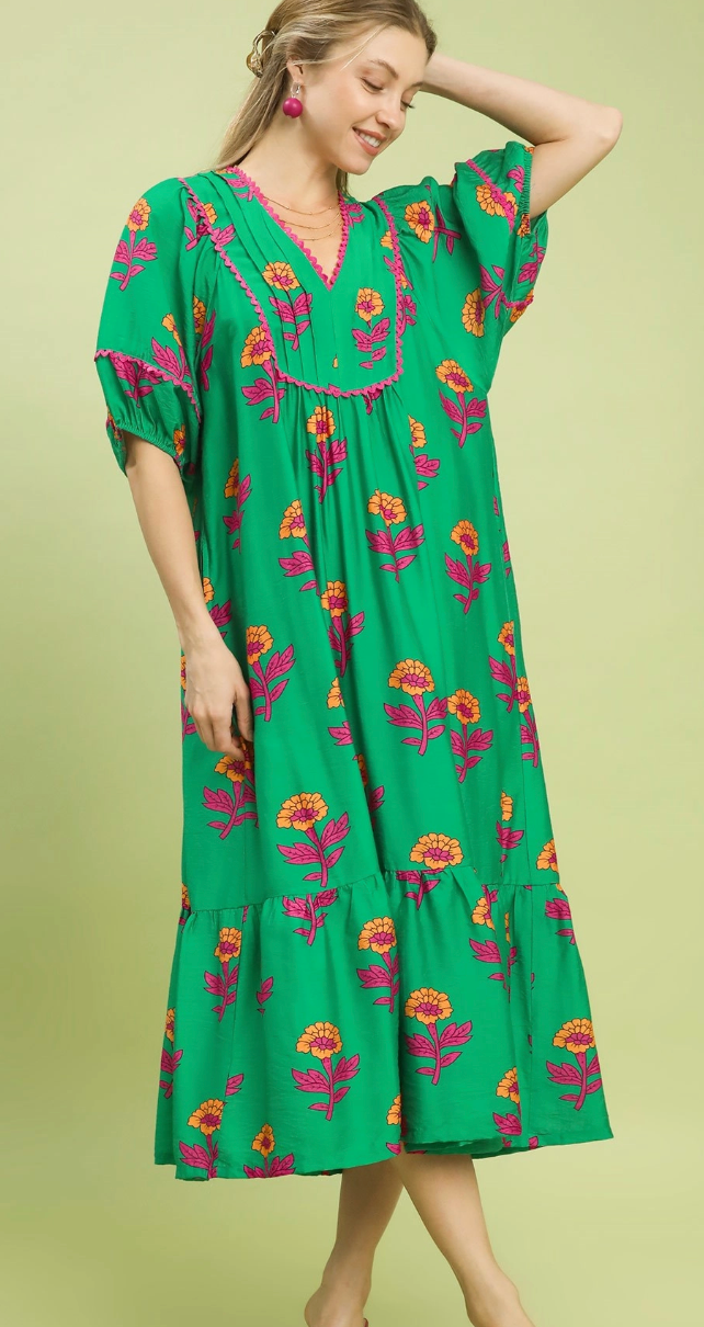 GREEN MIX PATTERNED DRESS