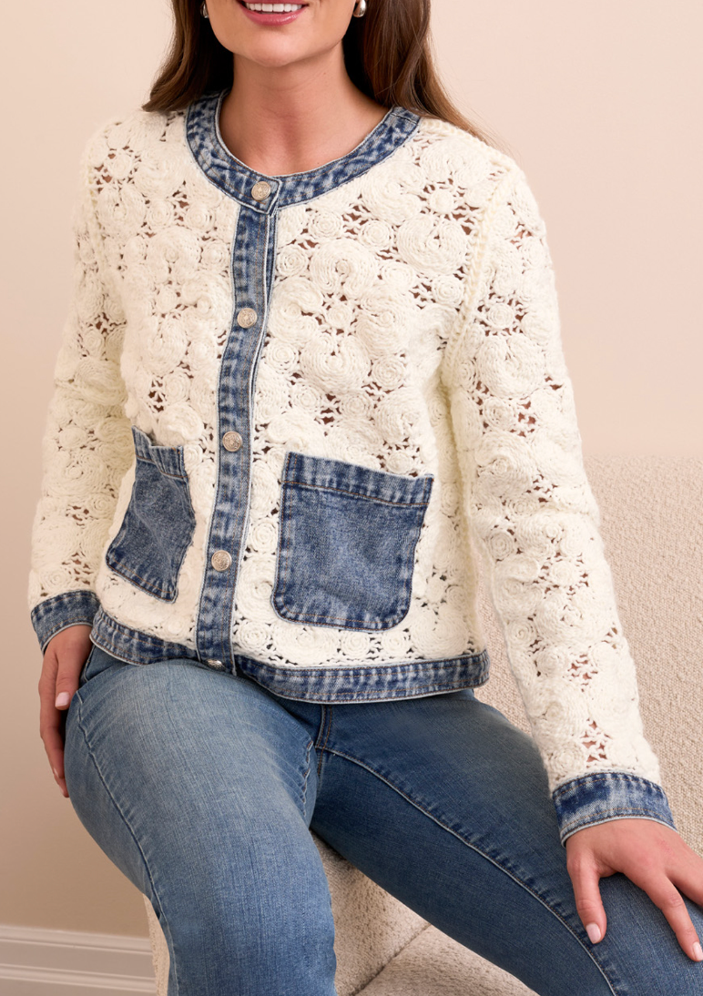 MIXED MEDIA CROCHET JACKET WITH DENIM