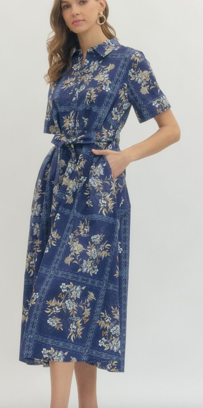 NAVY FLORAL TIE DRESS