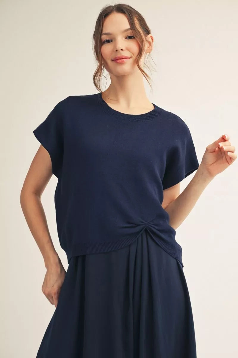 NAVY PLEAT SWEATER