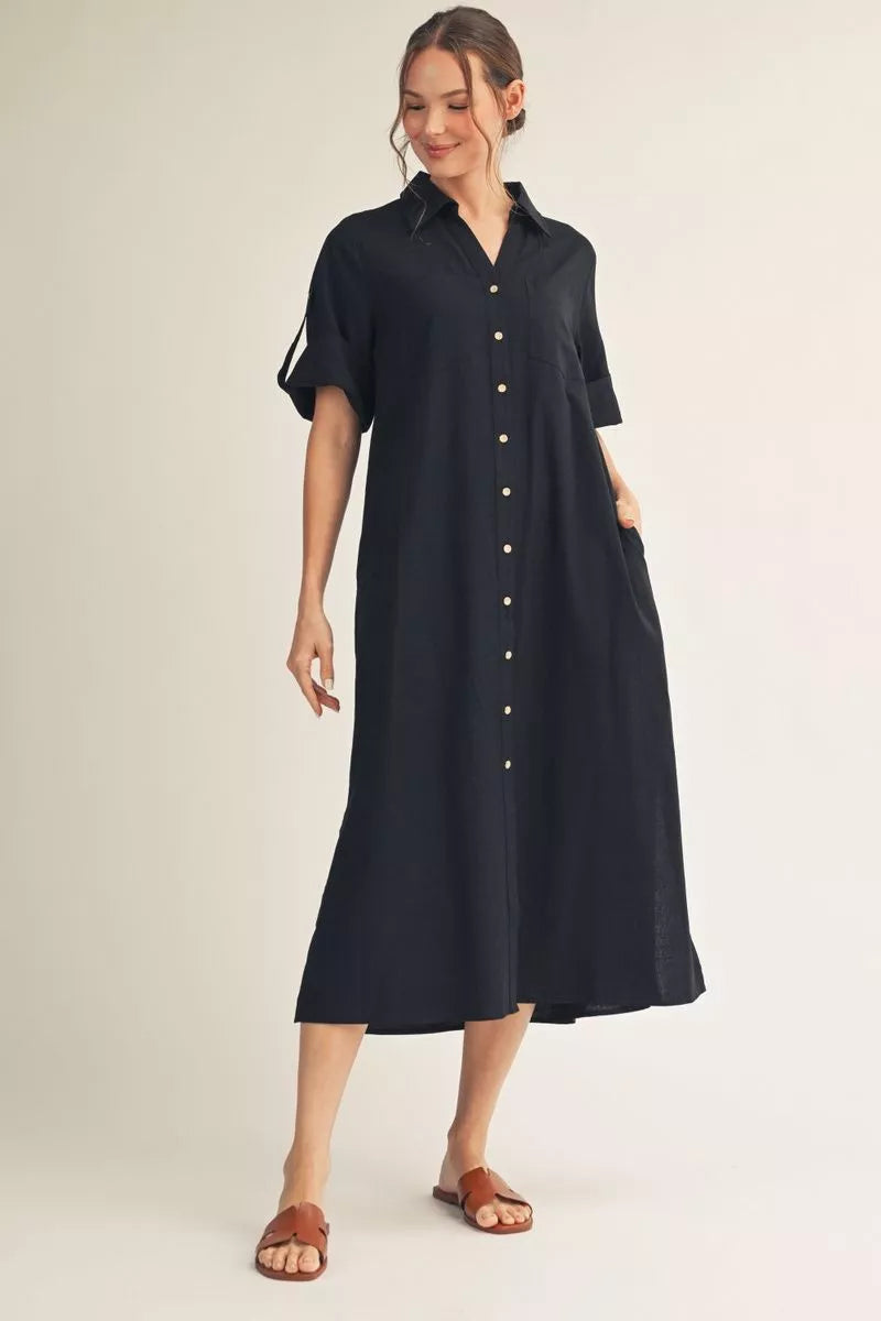 BUTTON DOWN MIDI DRESS