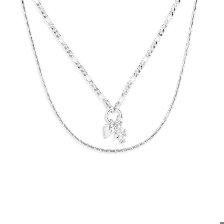 Heart + Cross Layered Necklace  - Silver
