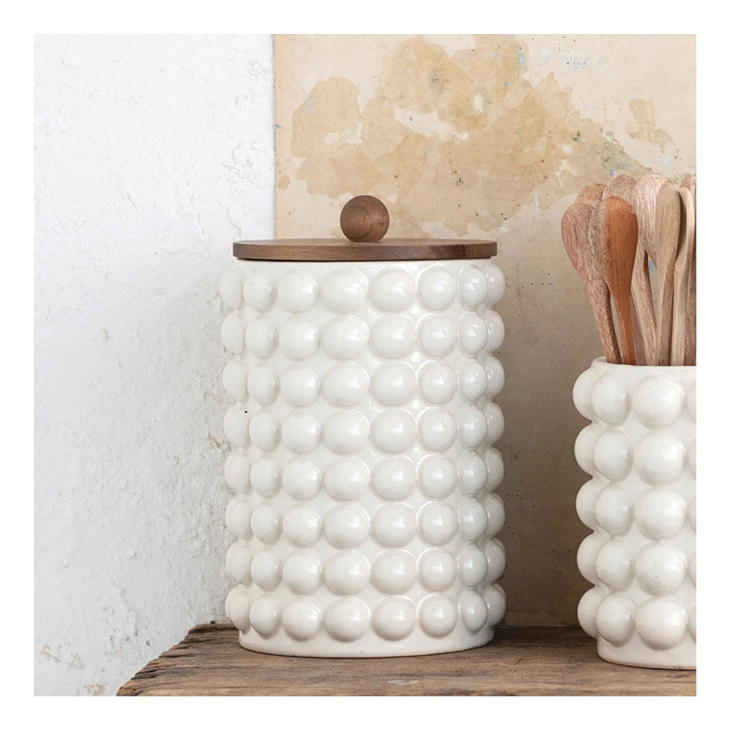 10" Canister w/ Raised Dots & Acacia Wood Lid & Natural