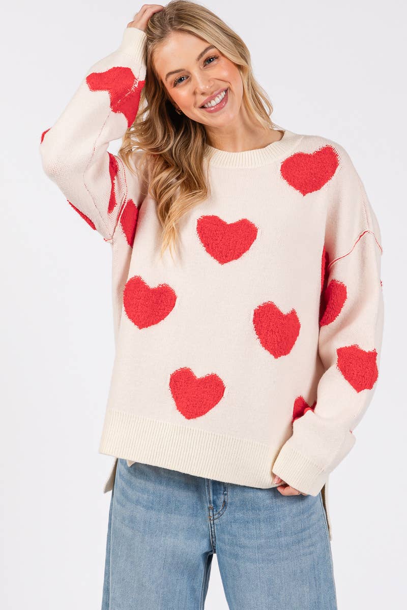 Oversized Valentine Side Slit Heart Sweater