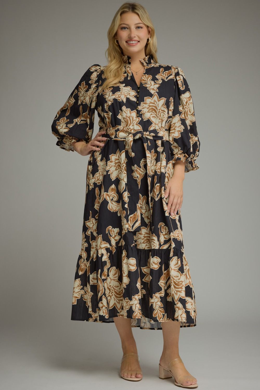 BLACK BUTTON FLORAL DRESS