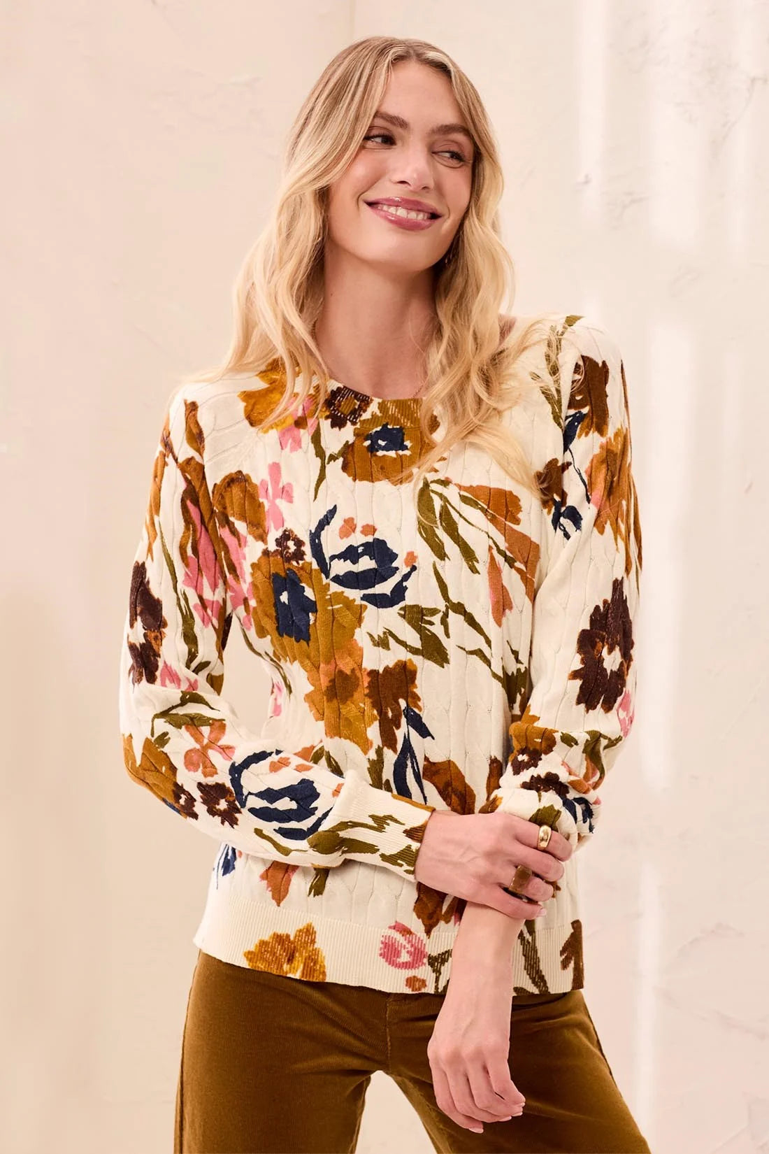 PRINTED CABLE COTTON CREW NECK SWEATER