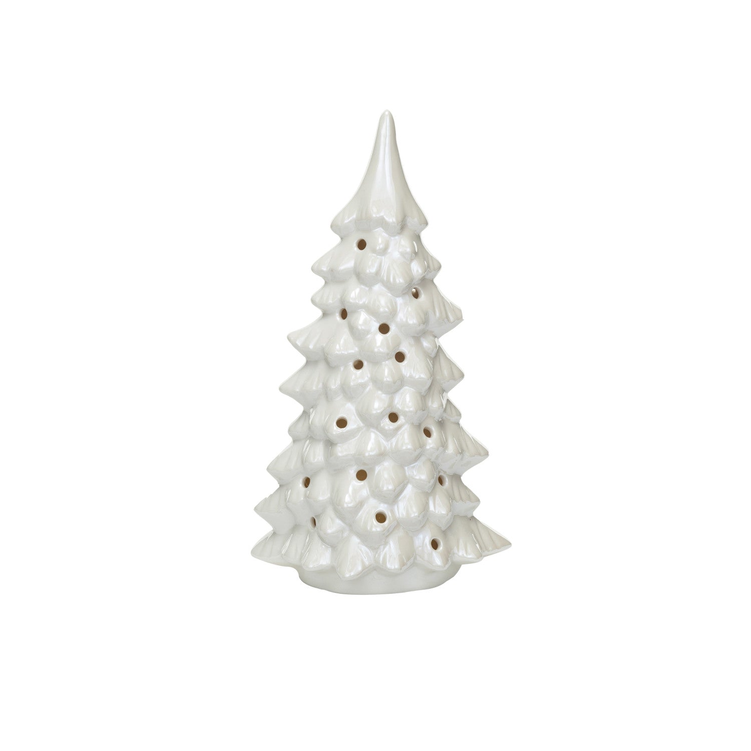 Stoneware LED Tree w/ Cut-Outs, Iridescent Finish, Cream Color