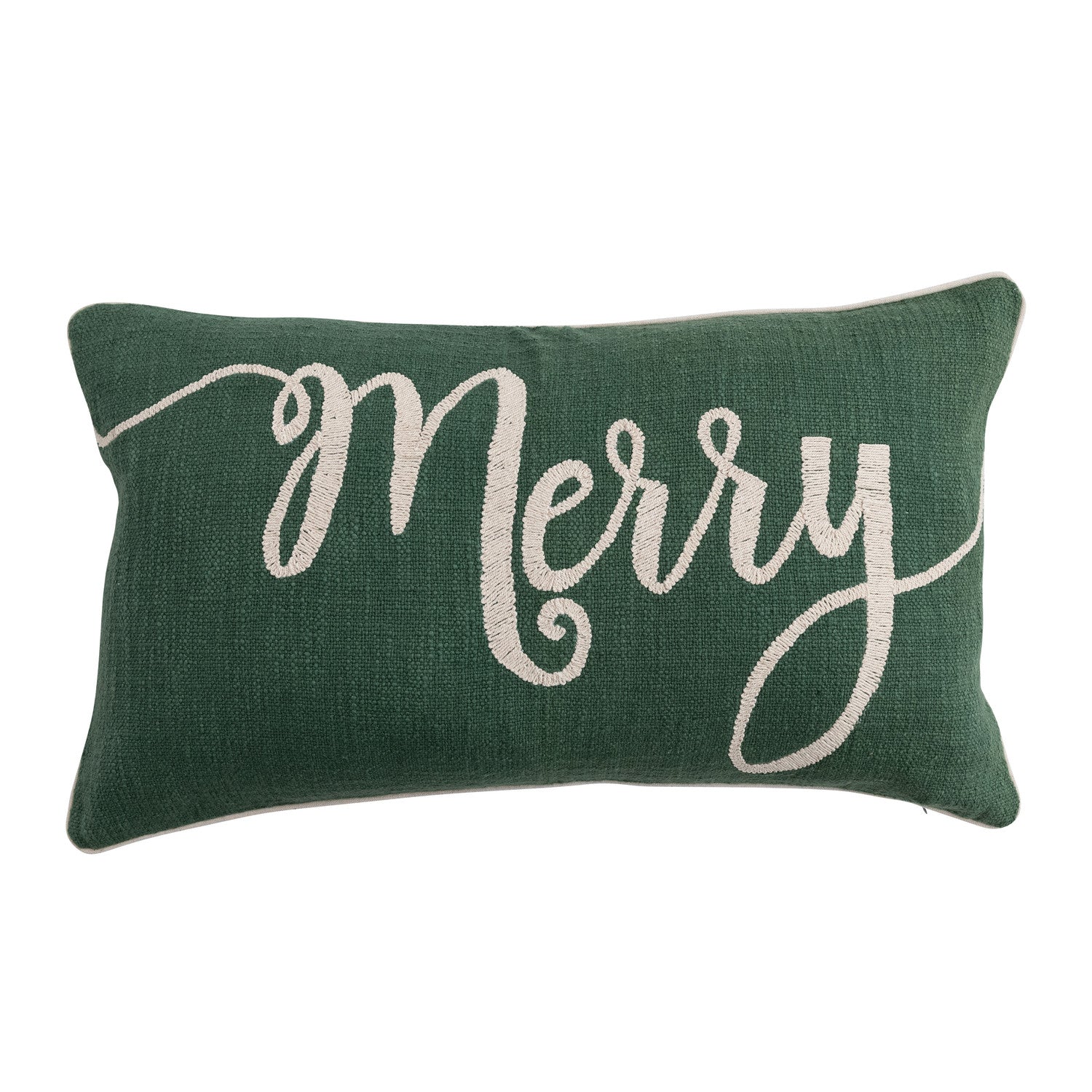 Cotton Slub Lumbar Pillow with Embroidered "Merry", Green & Natural